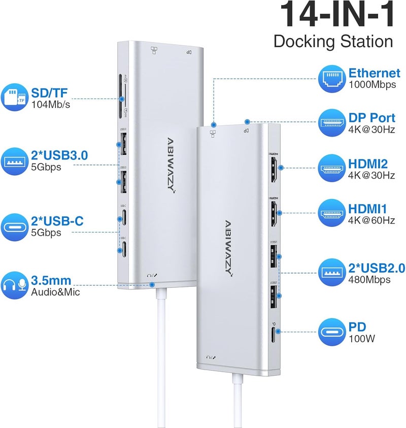 ABIWAZY USB C Hub USB-C Docking Station Dual Monitor 14 in 1 Triple Display Multiport Adapter with 2 HDMI+DP+7 USB Type C/A Ports+Ethernet+Audio, USBC Dongle for Dell/HP/Lenovo ThinkPad/Surface(Sliver) - Image 2